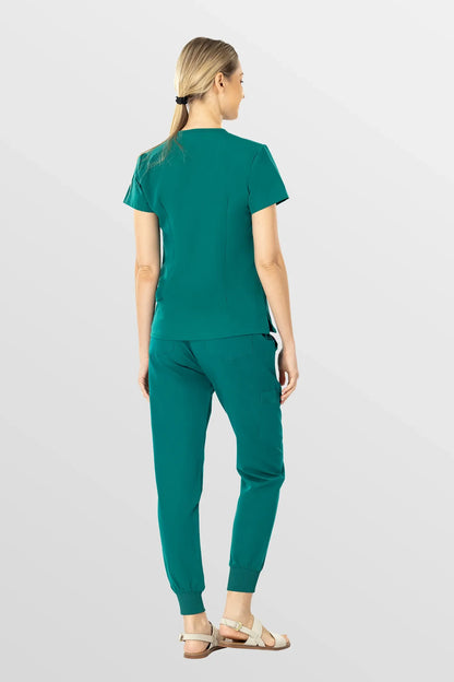 Green Eadflie Women's V-Neck 8-Pocket Jogger Scrub Set - Stretch Medical Scrubs for Women