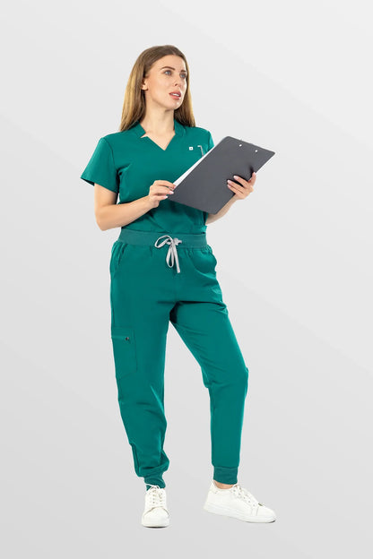 Green Eipnare Women's Notch Neck Cargo Jogger Scrub Set - Stretch Medical Scrubs for Women