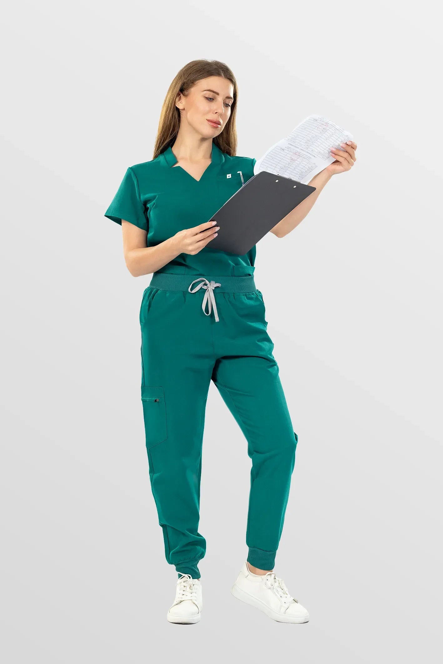 Green Eipnare Women's Notch Neck Cargo Jogger Scrub Set - Stretch Medical Scrubs for Women