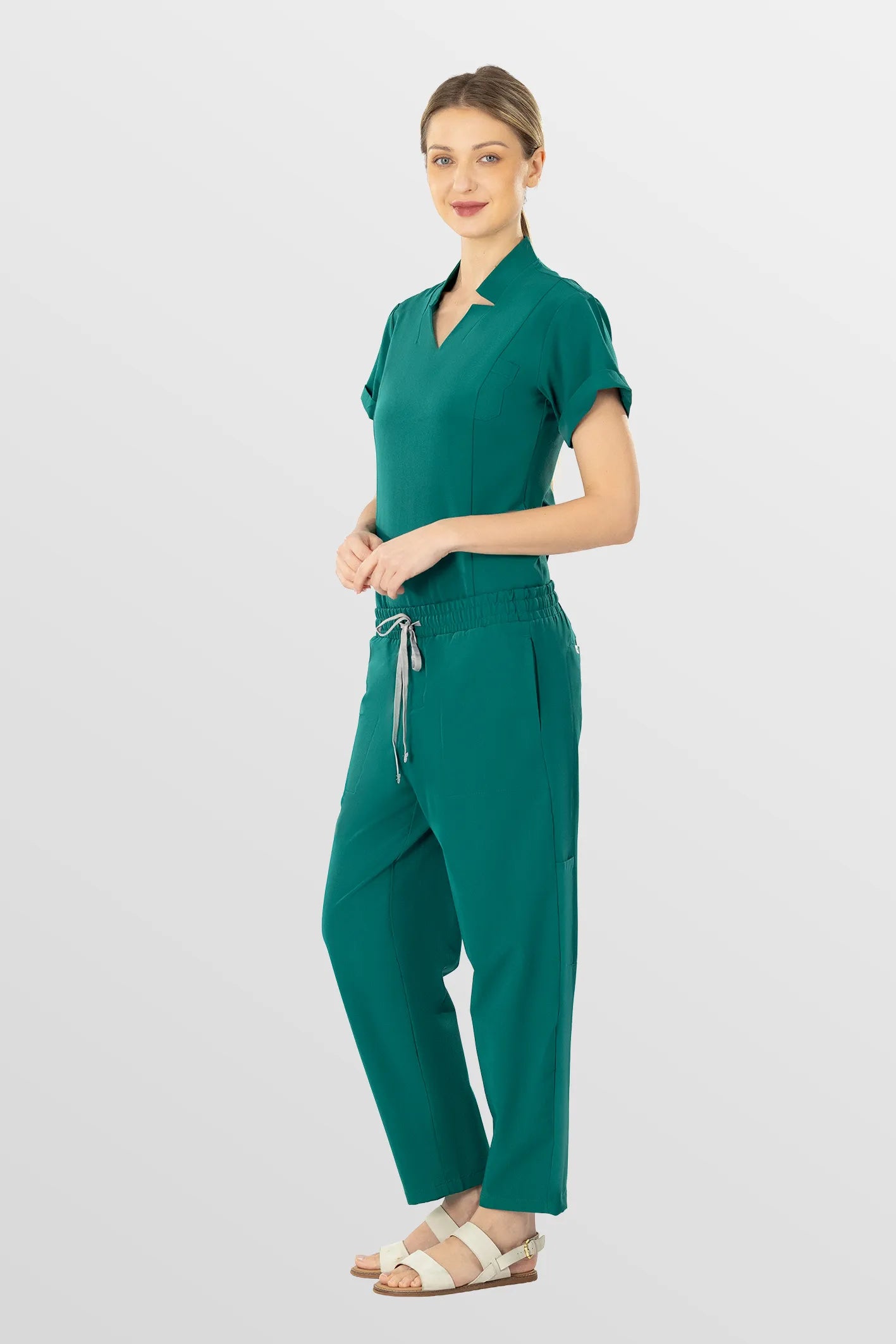 Green Eipnare Women's V-Neck Split 9-Pocket Slim Fit Scrub Set - Stretch Medical Scrubs for Women