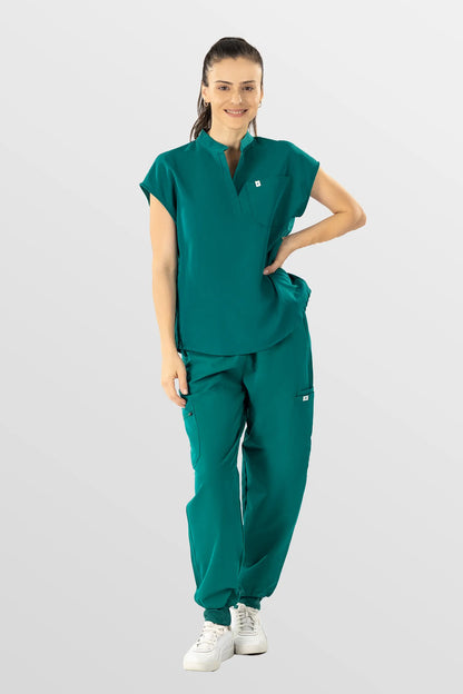 Green Eipnare Women's Henley Collar Sleeveless Jogger Scrub Set - Stretch Medical Scrubs for Women