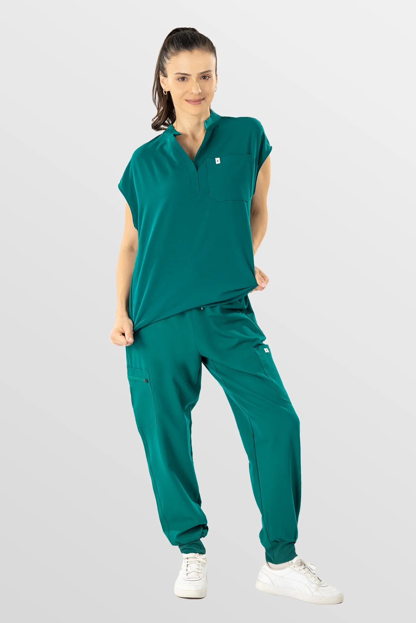 Green Eipnare Women's Henley Collar Sleeveless Jogger Scrub Set - Stretch Medical Scrubs for Women