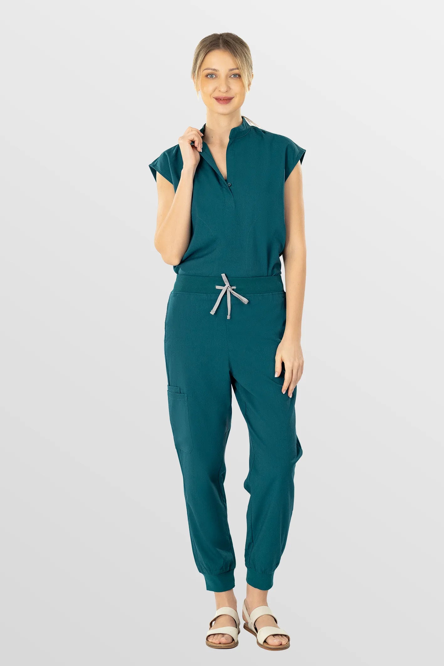 Hunter Green Eipnare Women's Soft Stretch V-Neck Scrub Top & Tapered Pants Set - Stretch Medical Scrubs for Women