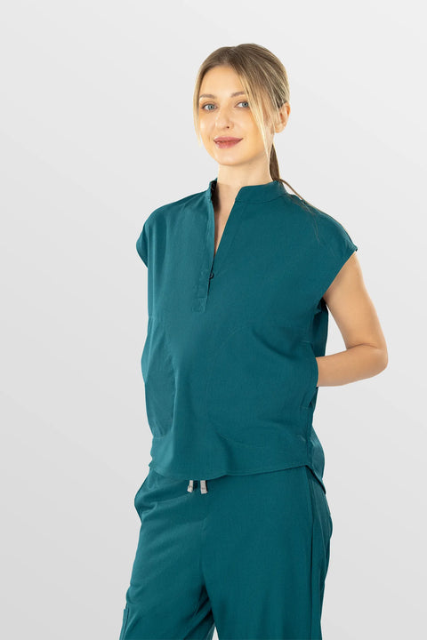 Eadflie Women's Sleeveless Mandarin Collar Workwear Top 02 - Hunter Green