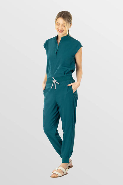 Hunter Green Eipnare Women's Soft Stretch V-Neck Scrub Top & Tapered Pants Set - Stretch Medical Scrubs for Women