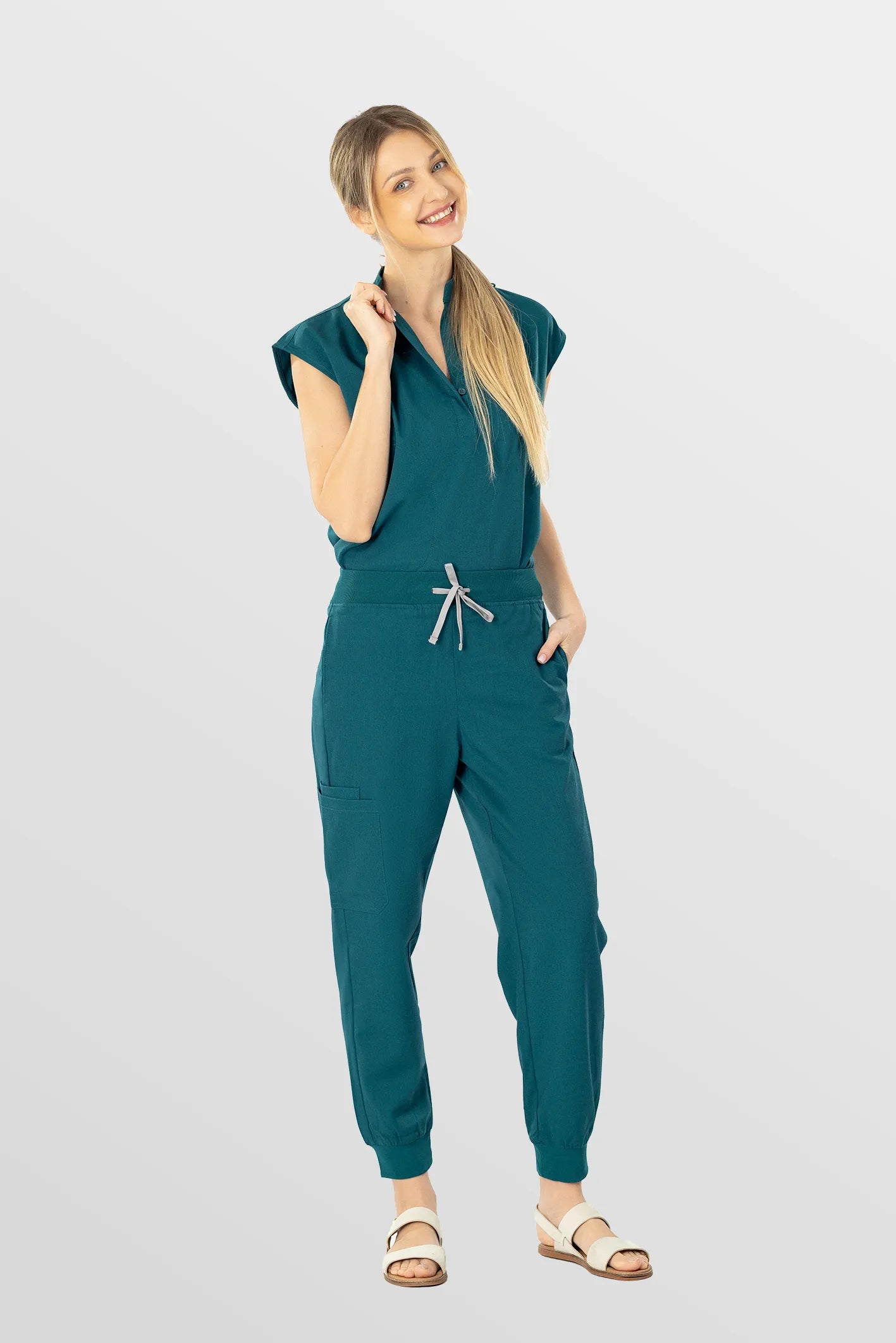 Hunter Green Eipnare Women's Soft Stretch V-Neck Scrub Top & Tapered Pants Set - Stretch Medical Scrubs for Women