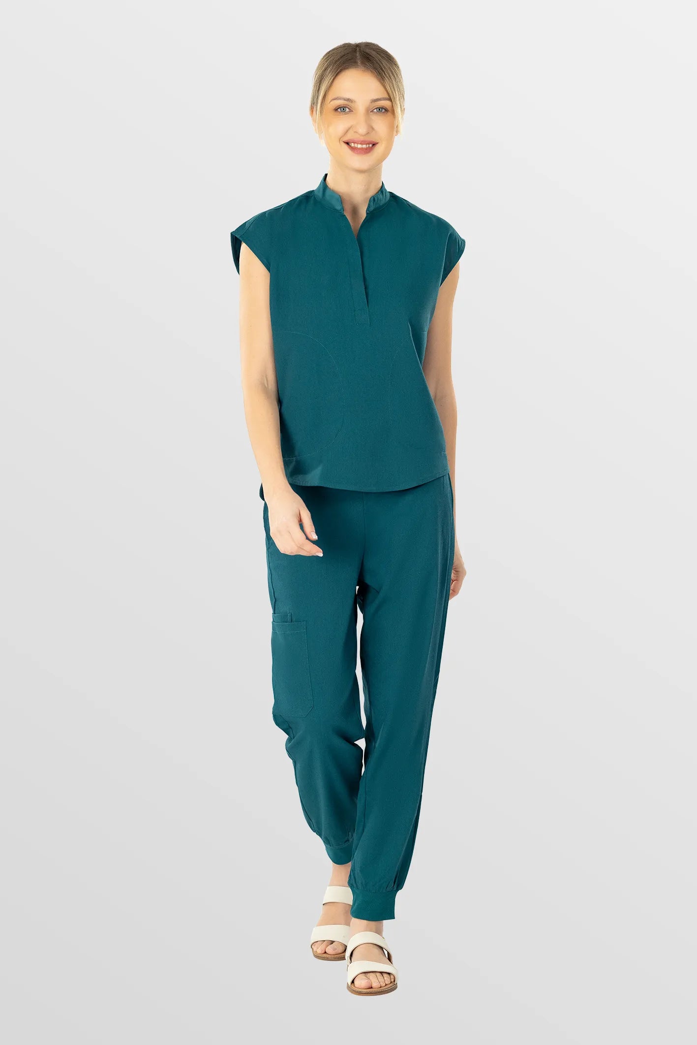 Hunter Green Eipnare Women's Soft Stretch V-Neck Scrub Top & Tapered Pants Set - Stretch Medical Scrubs for Women