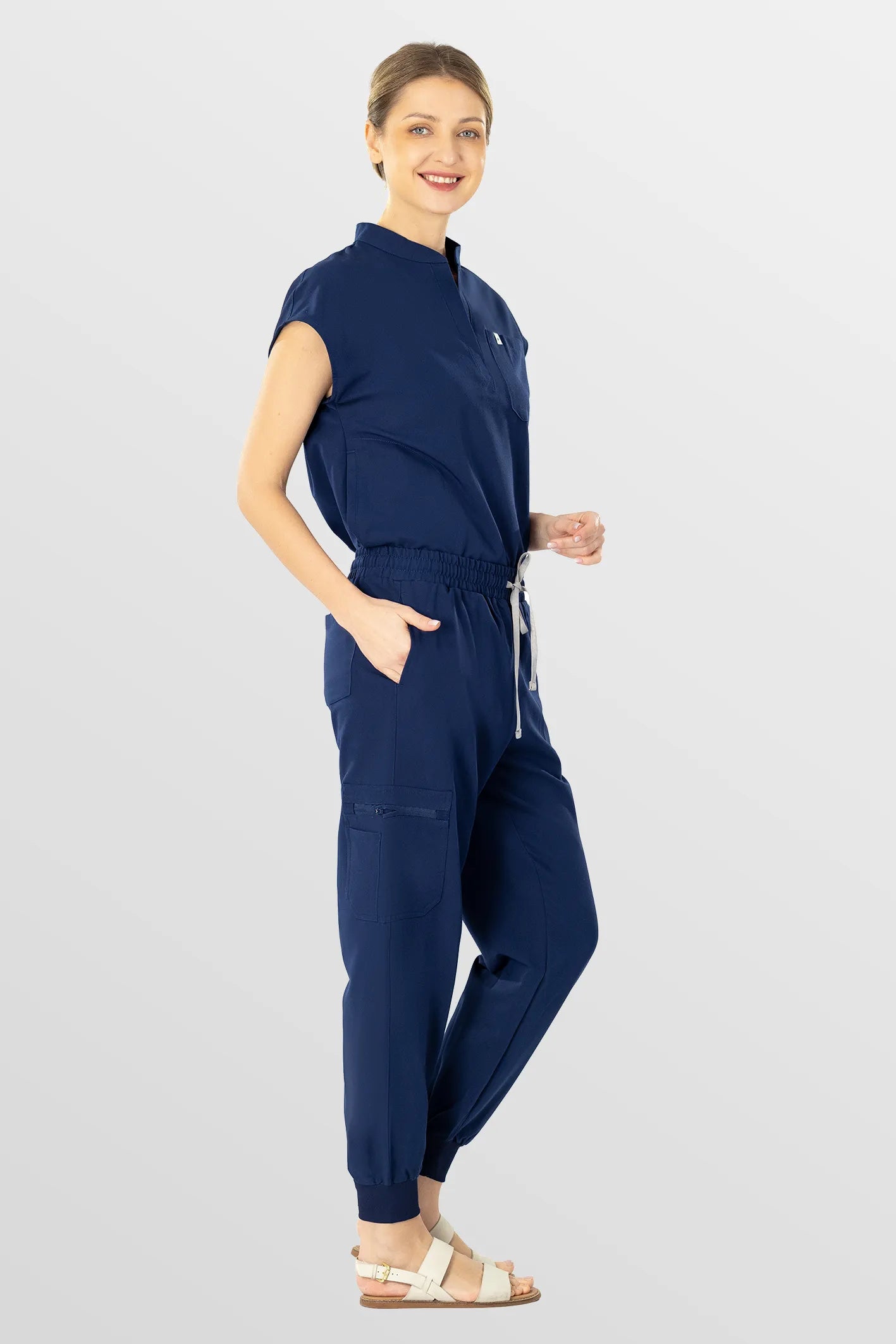 Dark Blue Eipnare Women's Henley Collar Sleeveless Jogger Scrub Set - Stretch Medical Scrubs for Women