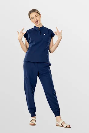 Dark Blue Eipnare Women's Henley Collar Sleeveless Jogger Scrub Set - Stretch Medical Scrubs for Women