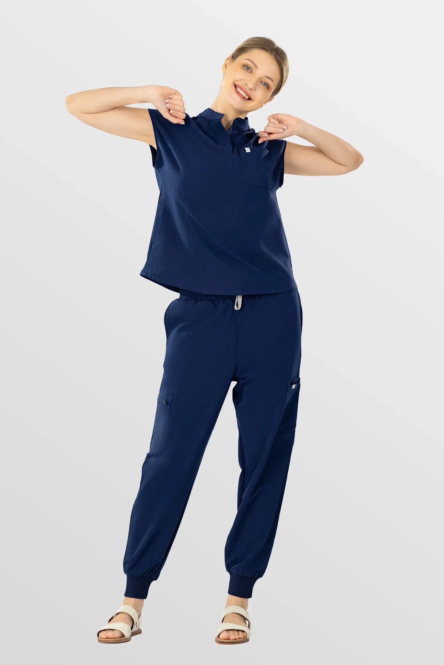 Dark Blue Eipnare Women's Henley Collar Sleeveless Jogger Scrub Set - Stretch Medical Scrubs for Women