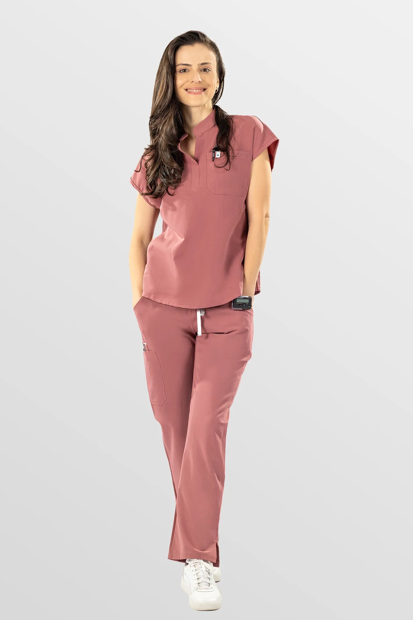 Brown Eipnare Women's Henley Collar Straight-Leg Multi-Pocket Scrub Set - Stretch Medical Scrubs for Women