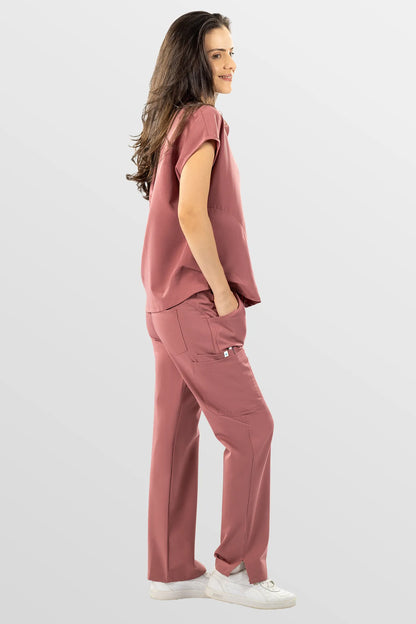 Brown Eipnare Women's Henley Collar Straight-Leg Multi-Pocket Scrub Set - Stretch Medical Scrubs for Women