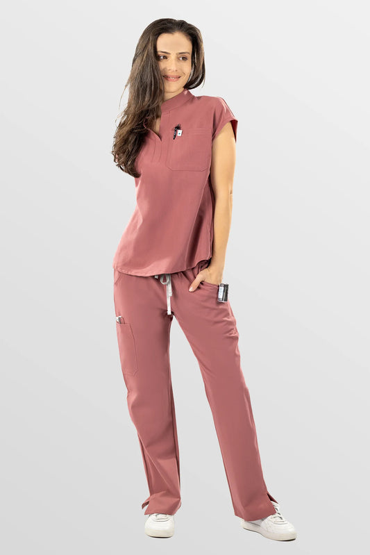 Flesh Pink Eipnare Women's Henley Collar Straight-Leg Multi-Pocket Scrub Set - Stretch Medical Scrubs for Women