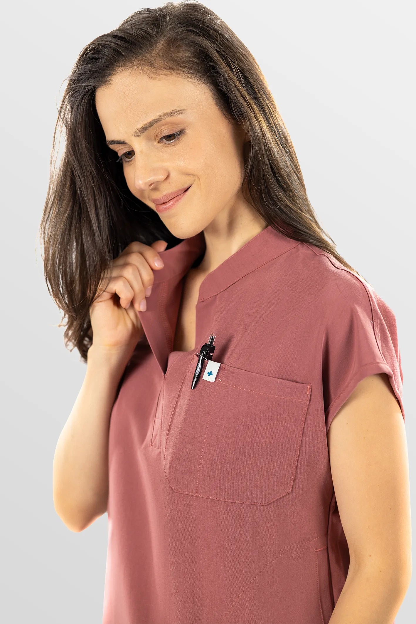 Flesh Pink Eipnare Women's Henley Collar Straight-Leg Multi-Pocket Scrub Set - Stretch Medical Scrubs for Women