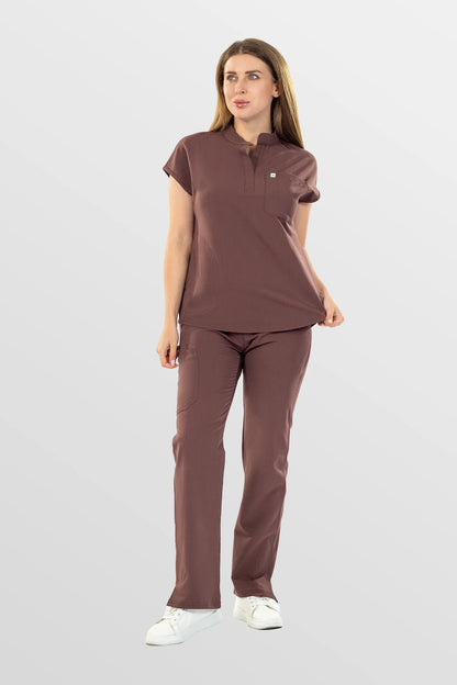 Flesh Pink Eipnare Women's Henley Collar Straight-Leg Multi-Pocket Scrub Set - Stretch Medical Scrubs for Women