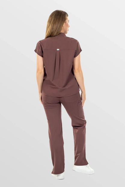 Flesh Pink Eipnare Women's Henley Collar Straight-Leg Multi-Pocket Scrub Set - Stretch Medical Scrubs for Women