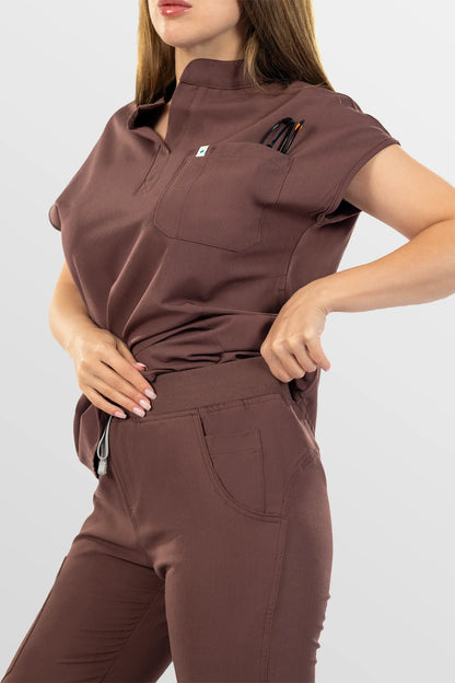 Flesh Pink Eipnare Women's Henley Collar Straight-Leg Multi-Pocket Scrub Set - Stretch Medical Scrubs for Women