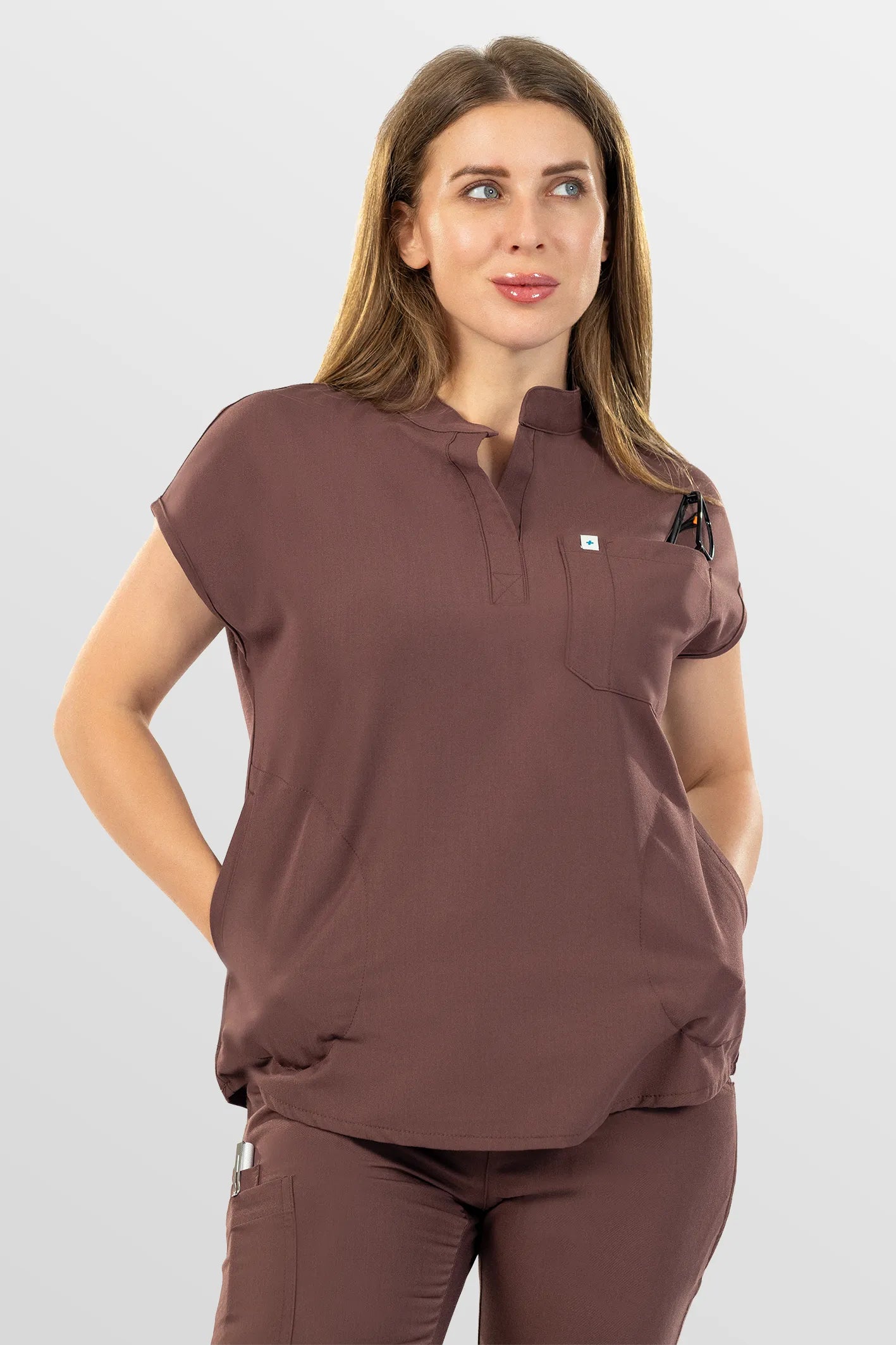 Flesh Pink Eipnare Women's Henley Collar Straight-Leg Multi-Pocket Scrub Set - Stretch Medical Scrubs for Women