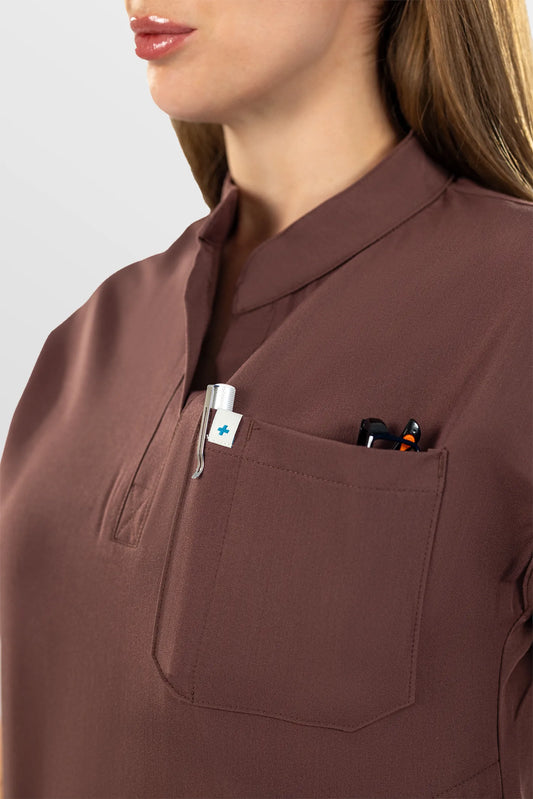Flesh Pink Eipnare Women's Henley Collar Straight-Leg Multi-Pocket Scrub Set - Stretch Medical Scrubs for Women