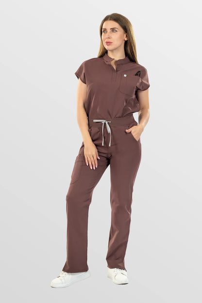 Brown Eipnare Women's Henley Collar Straight-Leg Multi-Pocket Scrub Set - Stretch Medical Scrubs for Women