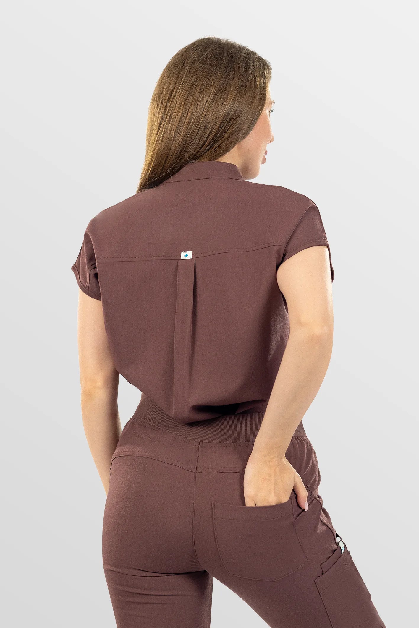 Brown Eipnare Women's Henley Collar Straight-Leg Multi-Pocket Scrub Set - Stretch Medical Scrubs for Women