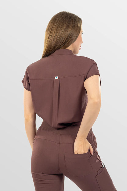 Brown Eipnare Women's Henley Collar Straight-Leg Multi-Pocket Scrub Set - Stretch Medical Scrubs for Women
