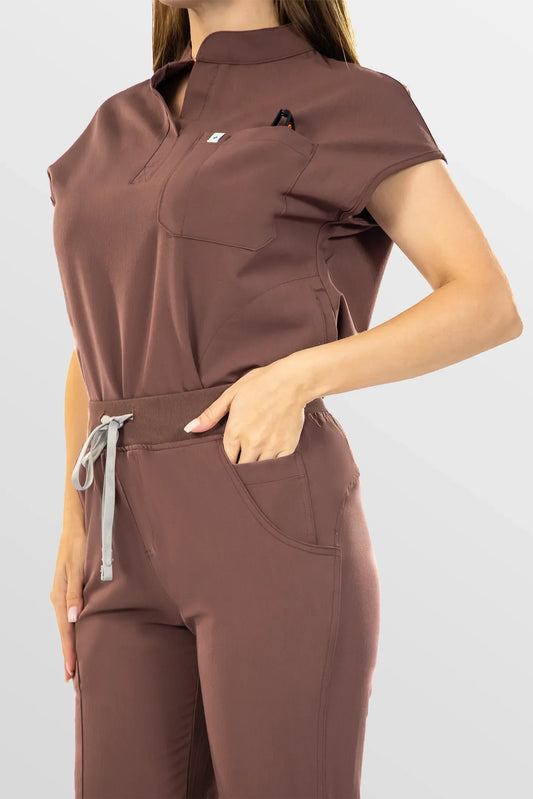 Brown Eipnare Women's Henley Collar Straight-Leg Multi-Pocket Scrub Set - Stretch Medical Scrubs for Women