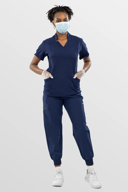 Navy Blue Eipnare Women's Split V-Neck Cargo Jogger Multi-Pocket Scrub Set - Stretch Medical Scrubs for Women