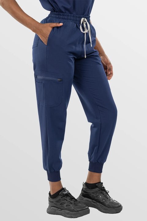 Eadflie Women's Notch V-Neck Cargo Jogger Workwear Set 13 - Navy Blue
