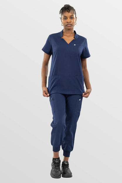 Navy Blue Eipnare Women's Notch Neck Cargo Jogger Scrub Set - Stretch Medical Scrubs for Women