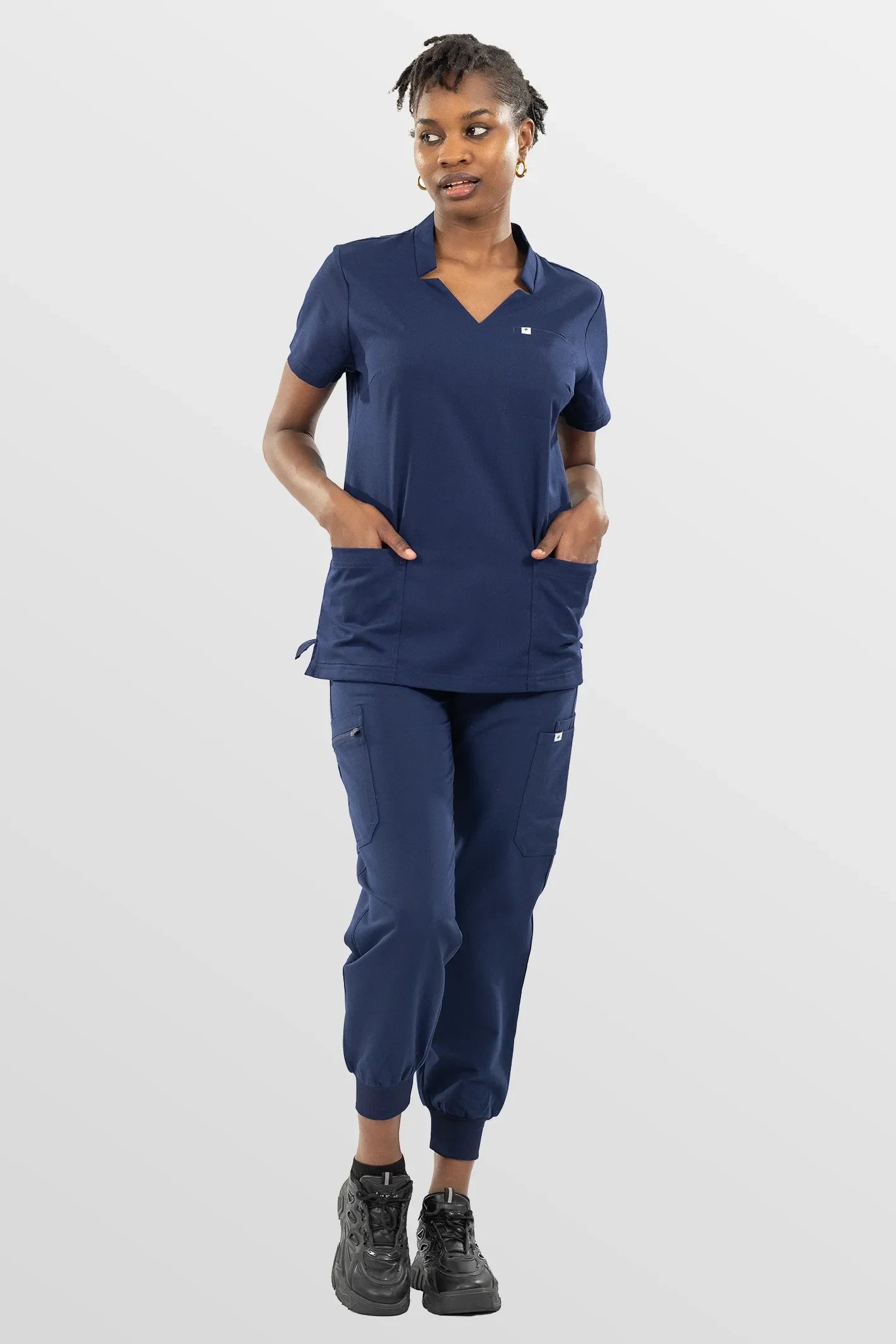 Navy Blue Eipnare Women's Notch Neck Cargo Jogger Scrub Set - Stretch Medical Scrubs for Women