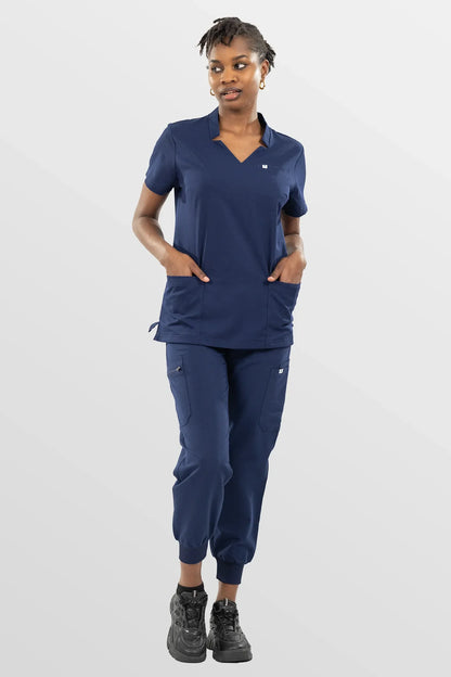 Navy Blue Eipnare Women's Notch Neck Cargo Jogger Scrub Set - Stretch Medical Scrubs for Women