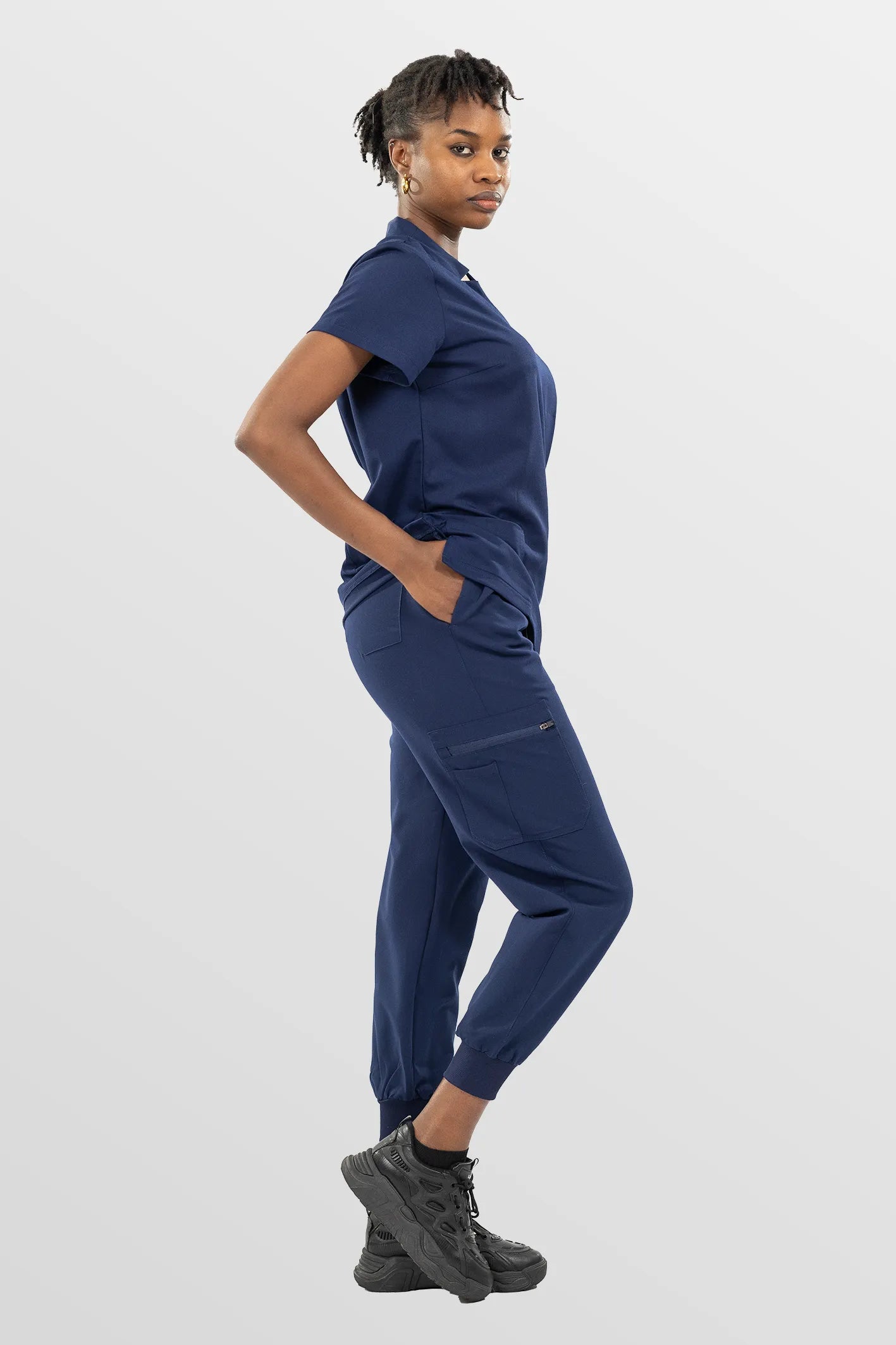Navy Blue Eipnare Women's Notch Neck Cargo Jogger Scrub Set - Stretch Medical Scrubs for Women