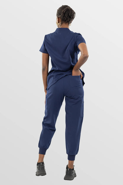 Navy Blue Eipnare Women's Notch Neck Cargo Jogger Scrub Set - Stretch Medical Scrubs for Women