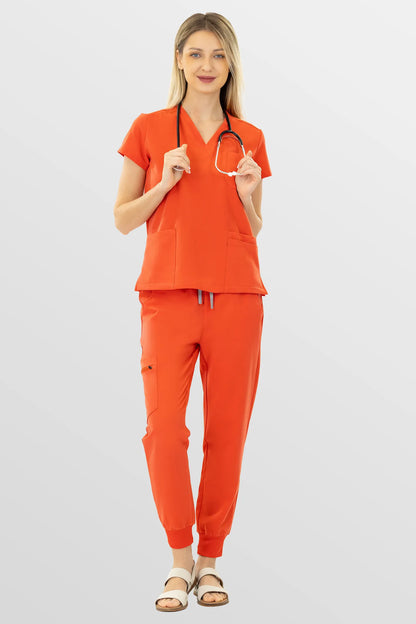 Orange Eipnare Women's V-Neck 8-Pocket Jogger Scrub Set - Stretch Medical Scrubs for Women