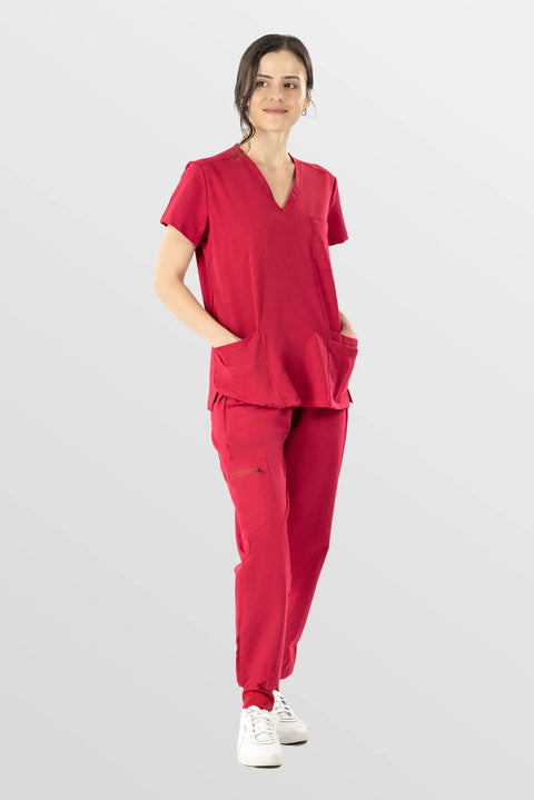 Eadflie Women's V-Neck Jogger Workwear Set – 8-Pocket Soft Stretch Two-Piece Uniform 03 - Orange Red