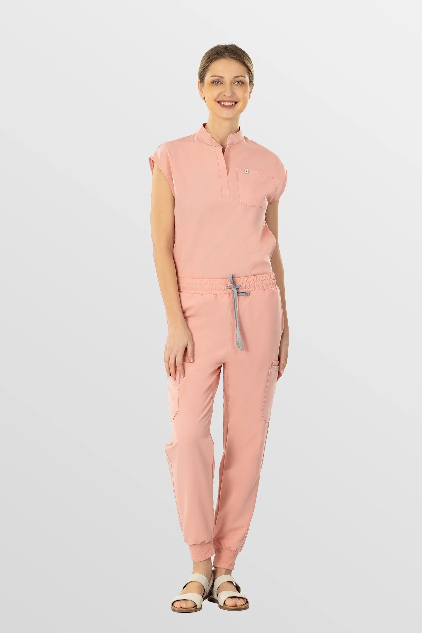 Pink Eipnare Women's Henley Collar Sleeveless Jogger Scrub Set - Stretch Medical Scrubs for Women