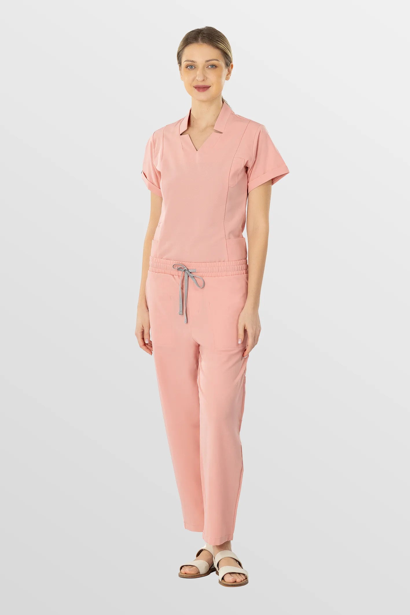 Pink Eipnare Women's V-Neck Split 9-Pocket Slim Fit Scrub Set - Stretch Medical Scrubs for Women
