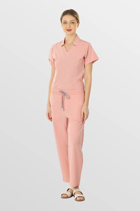 Eadflie Women's Split V-Neck Workwear Set – Tapered-Leg 9-Pocket Slim Fit Uniform 07 - Pink