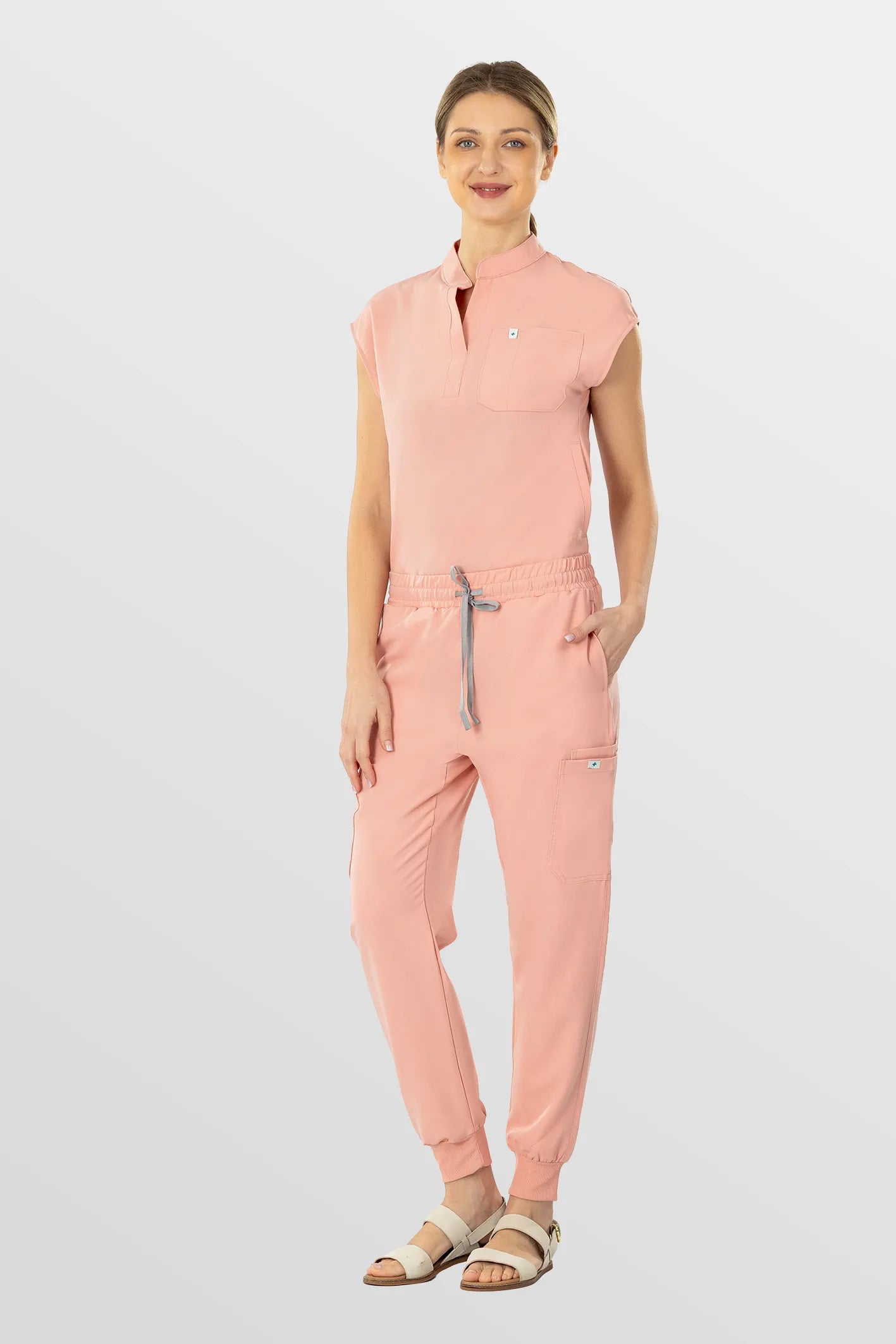 Pink Eipnare Women's Henley Collar Sleeveless Jogger Scrub Set - Stretch Medical Scrubs for Women