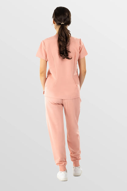 Pink Eadflie Women's V-Neck 8-Pocket Jogger Scrub Set - Stretch Medical Scrubs for Women