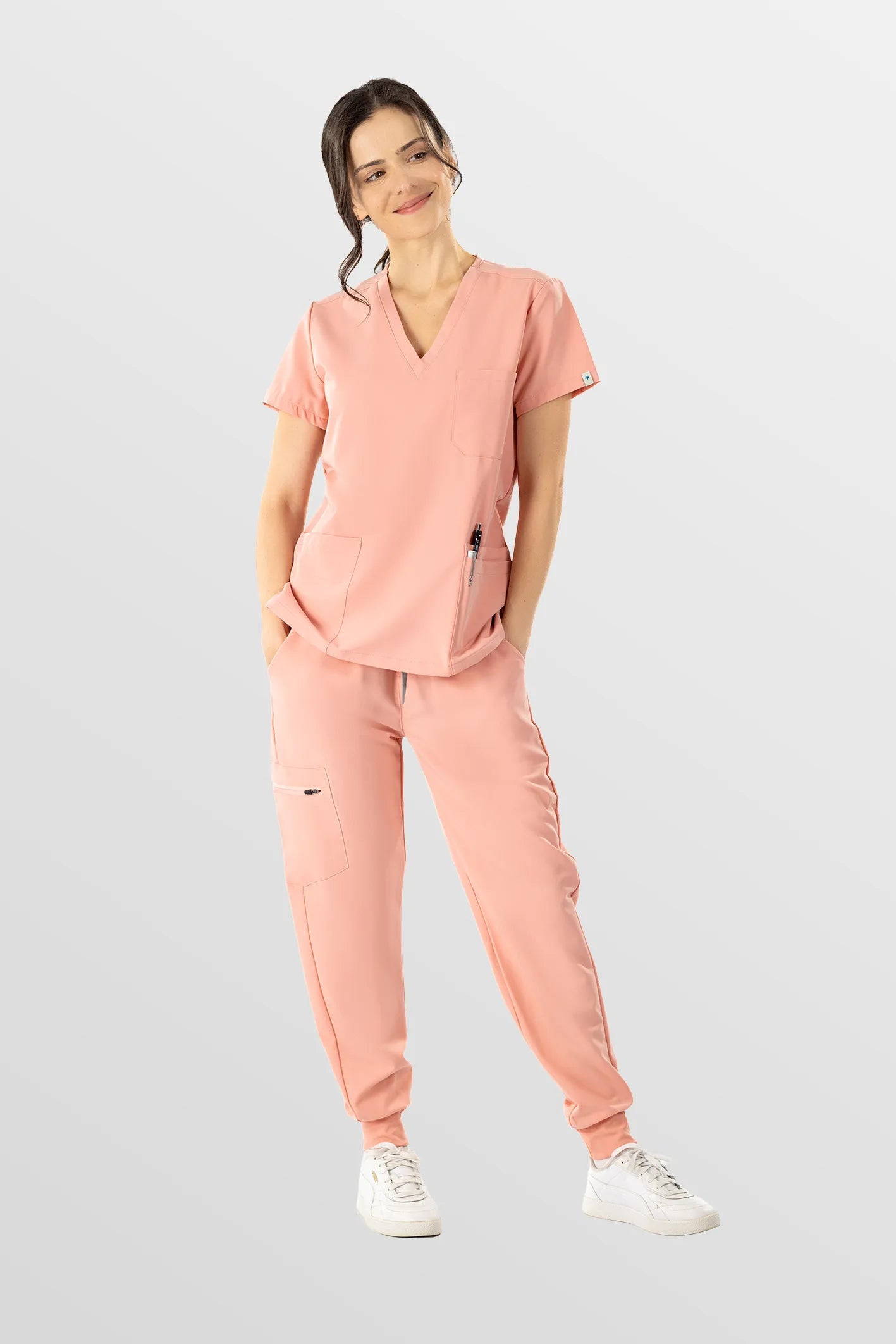 Pink Eipnare Women's V-Neck 8-Pocket Jogger Scrub Set - Stretch Medical Scrubs for Women