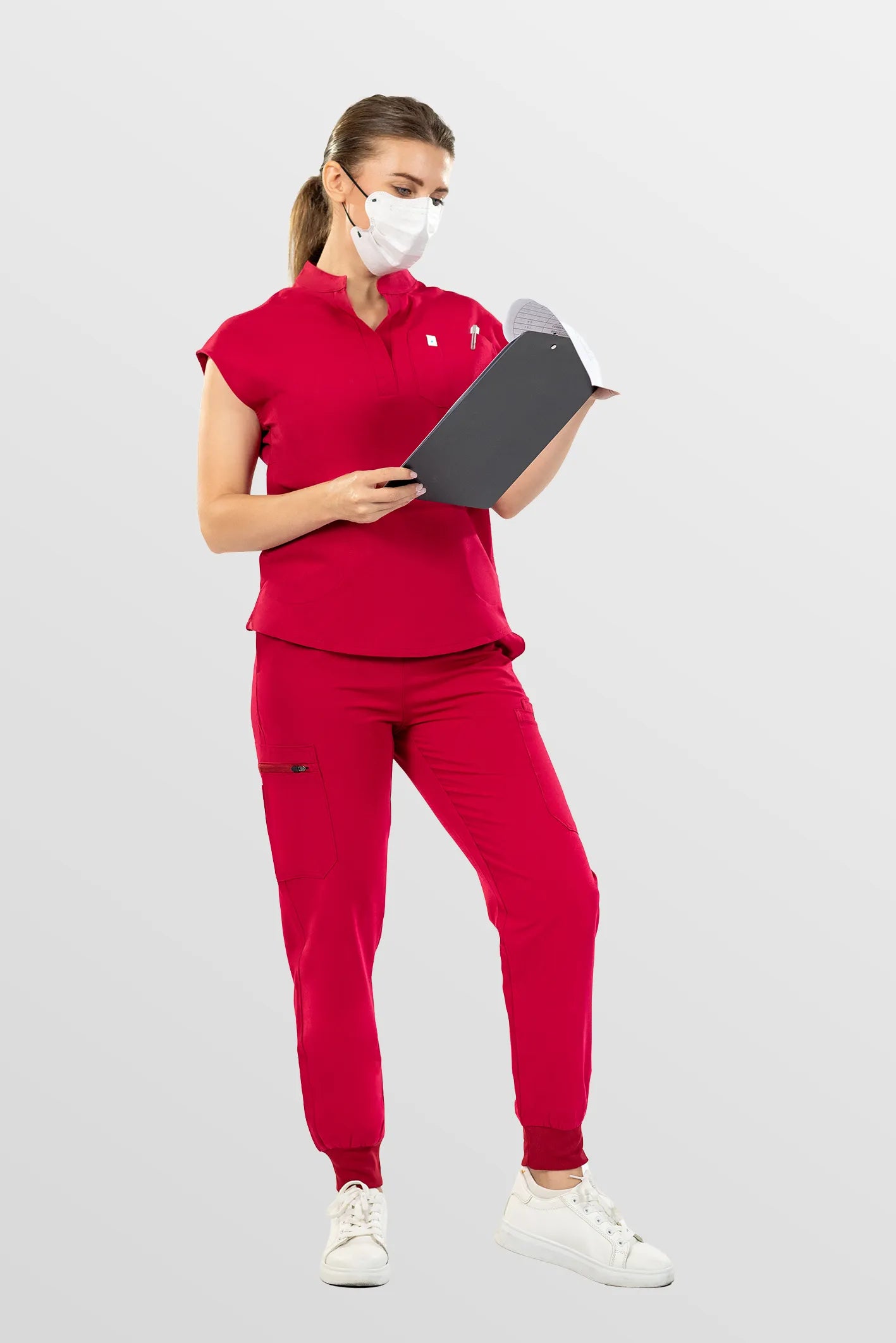 Red Eipnare Women's Henley Collar Sleeveless Jogger Scrub Set - Stretch Medical Scrubs for Women