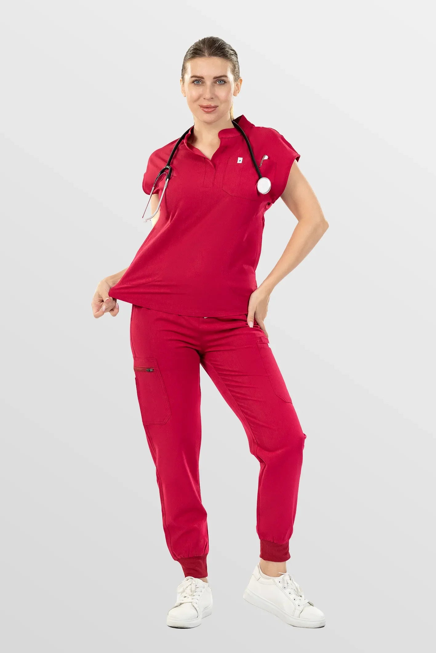 Red Eipnare Women's Henley Collar Sleeveless Jogger Scrub Set - Stretch Medical Scrubs for Women