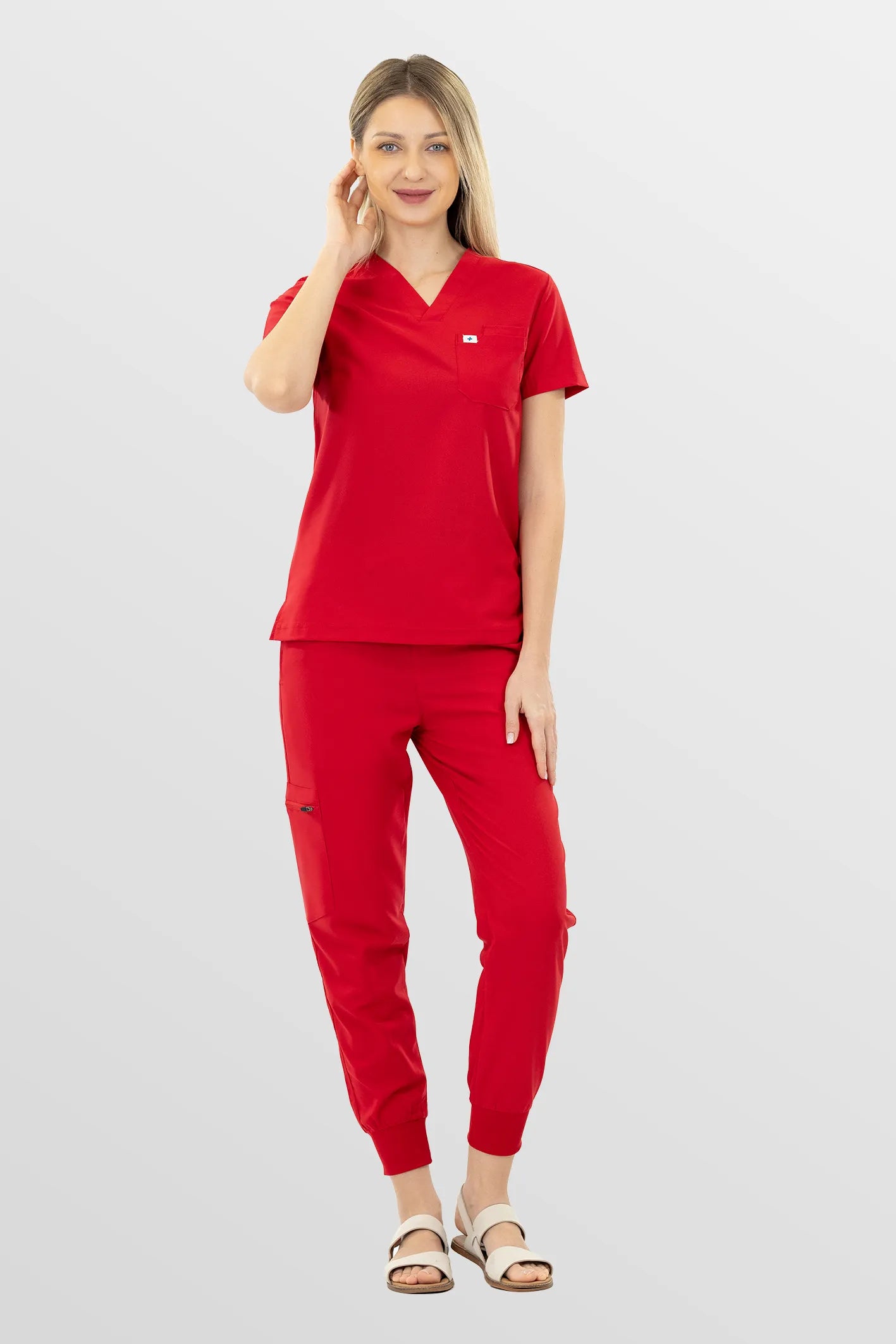 Red Eipnare Women's Soft Stretch V-Neck Scrub Top & Jogger Pants Set - Stretch Medical Scrubs for Women