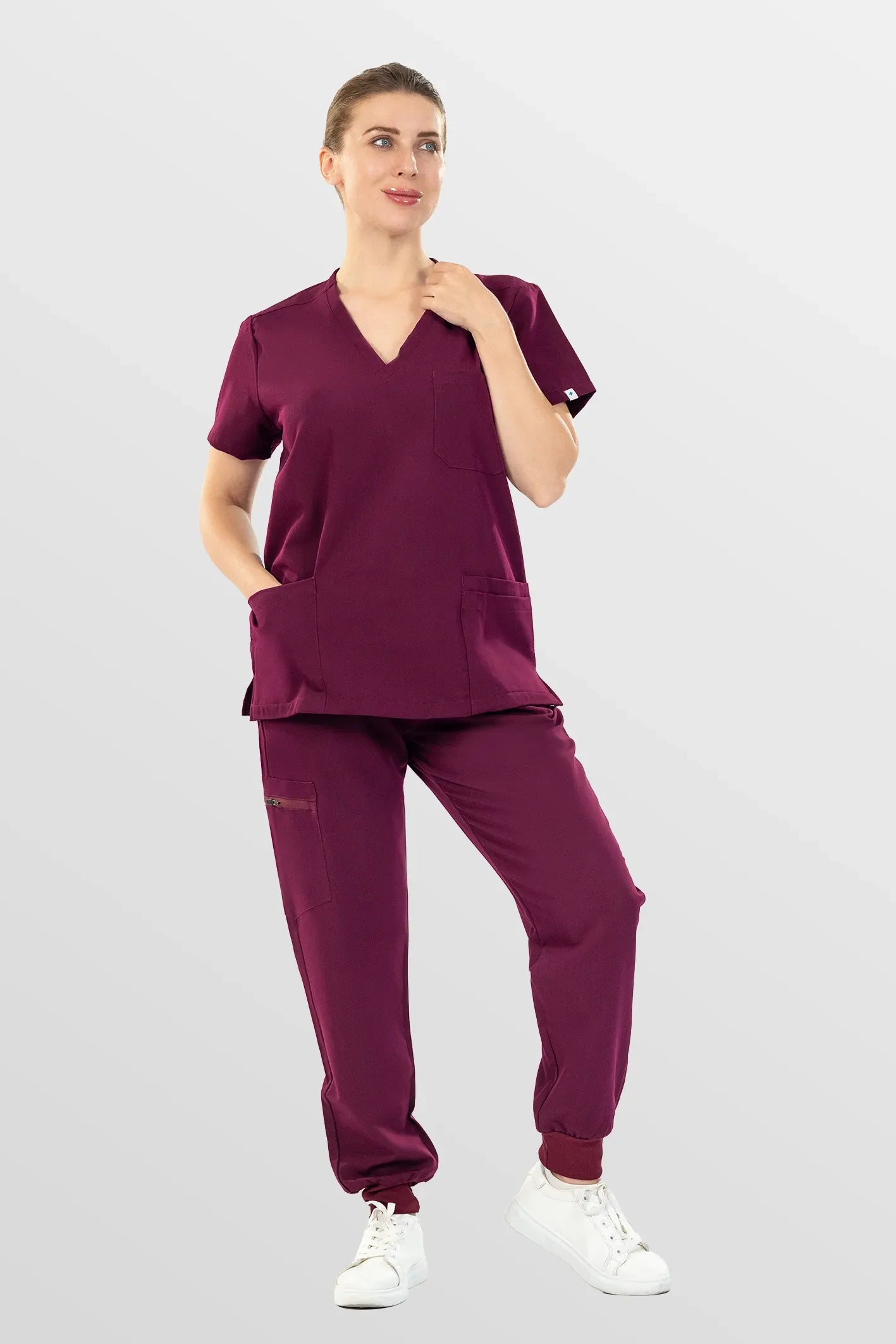 Red Eipnare Women's V-Neck 8-Pocket Jogger Scrub Set - Stretch Medical Scrubs for Women