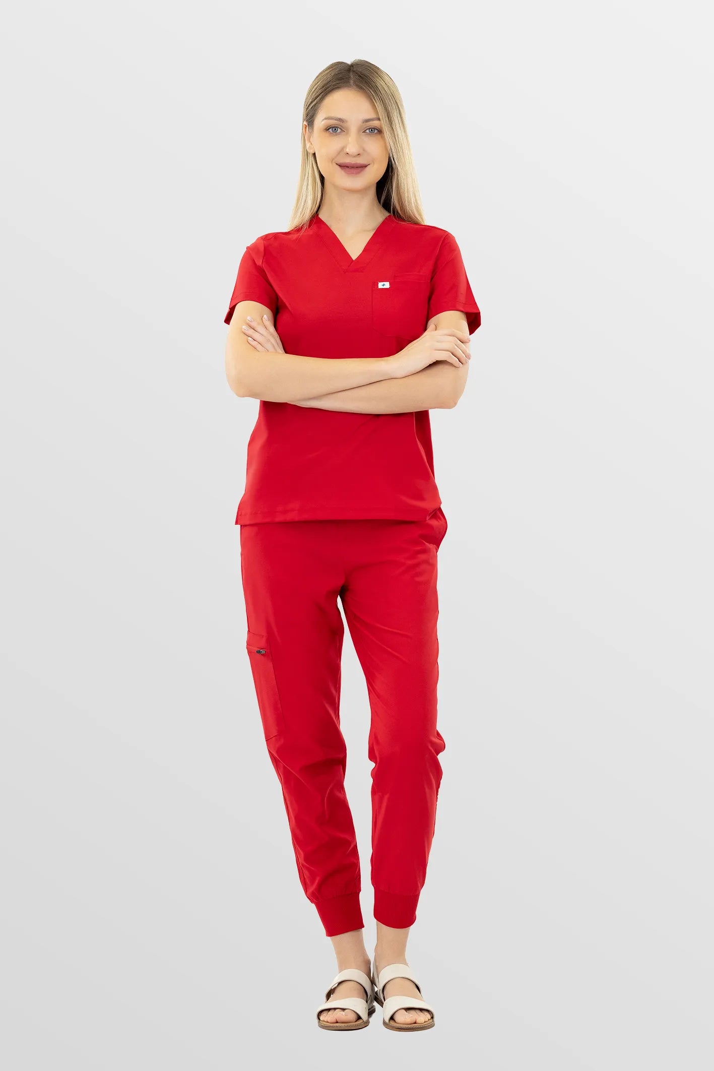 Red Eipnare Women's Soft Stretch V-Neck Scrub Top & Jogger Pants Set - Stretch Medical Scrubs for Women