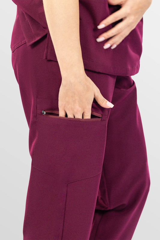 Red Eipnare Women's V-Neck 8-Pocket Jogger Scrub Set - Stretch Medical Scrubs for Women