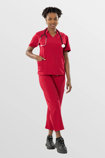 Red Eipnare Women's V-Neck Split 9-Pocket Slim Fit Scrub Set - Stretch Medical Scrubs for Women