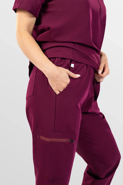 Red Eipnare Women's V-Neck 8-Pocket Jogger Scrub Set - Stretch Medical Scrubs for Women